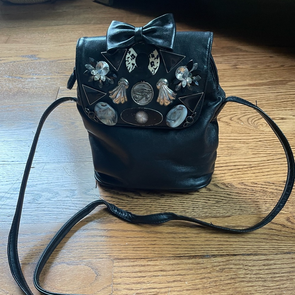 Vintage 80’s Black Leather Crossbody Bag with Embellishments